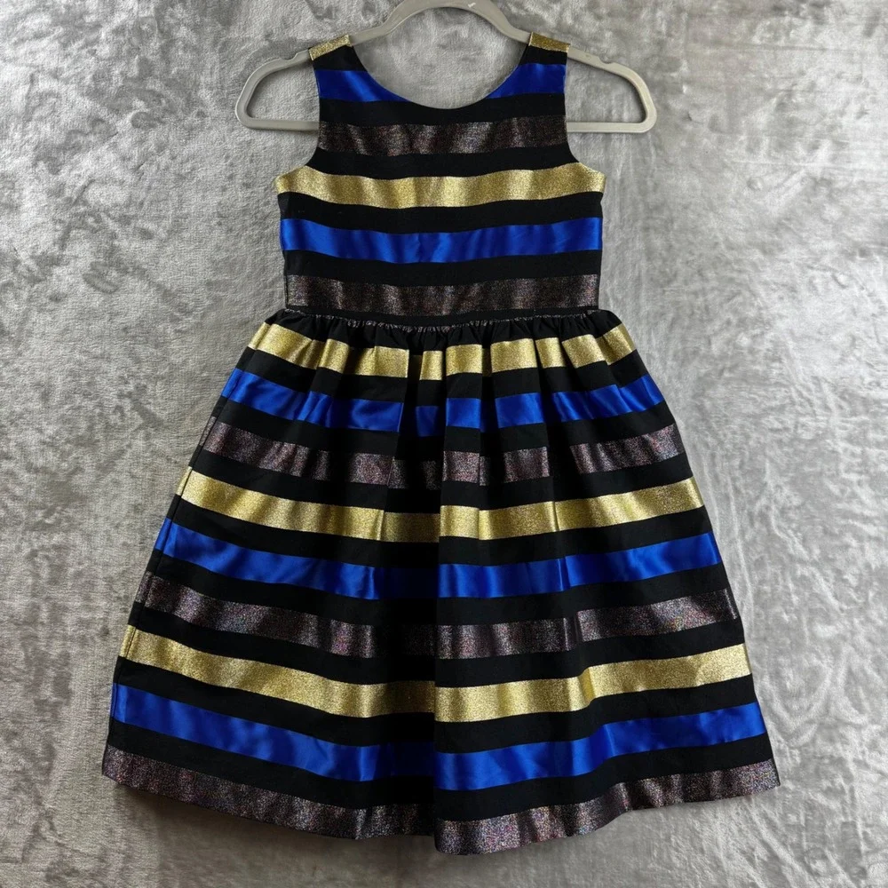 Gymboree Dressed Up Dress Girls‎ 8 Blue Gold Metallic Striped Party (1714)
